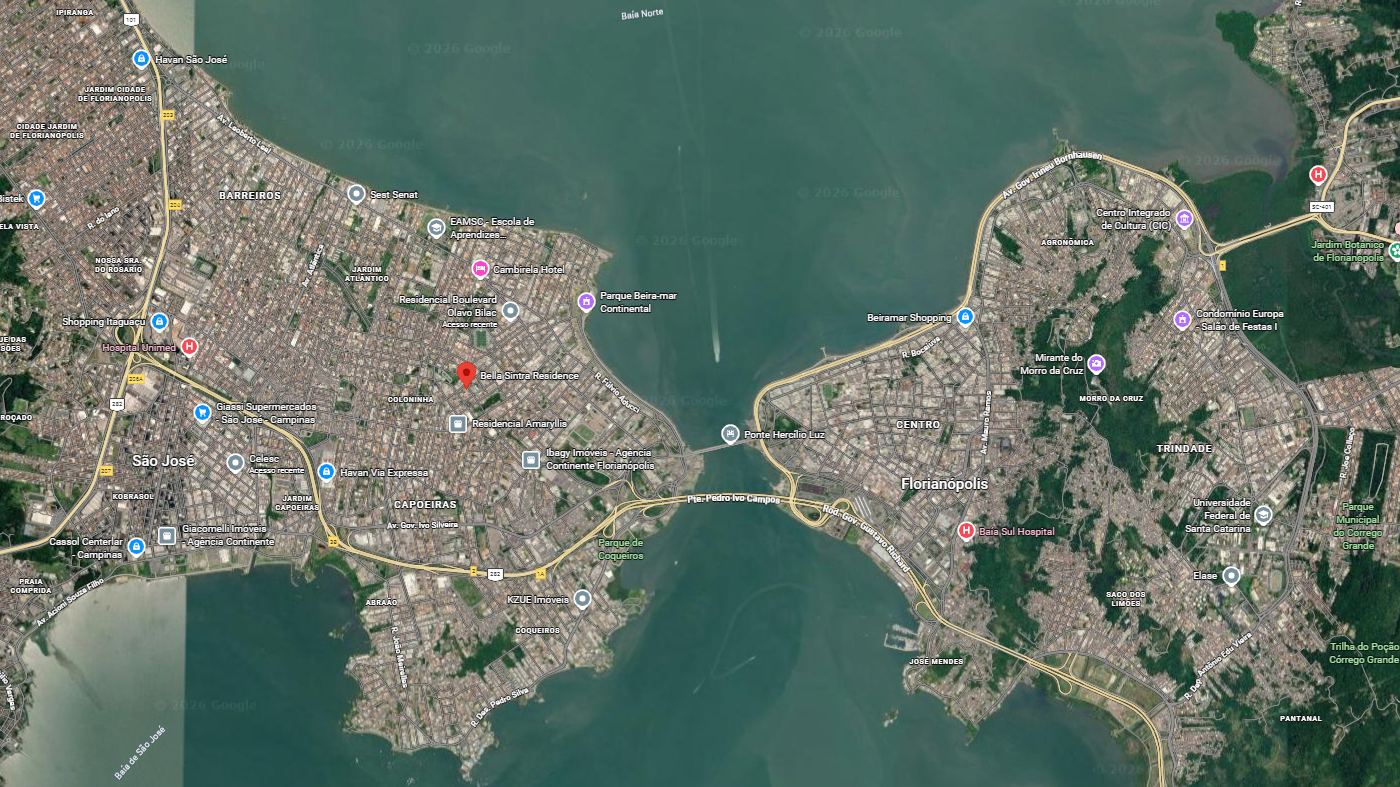 Mapa mostrando a localização do Bella Sintra Residence no Estreito, entre São José e o centro de Florianópolis